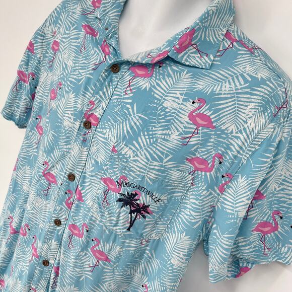 Margaritaville Mens Button Front Shirt Sz S Flamingo Palm Hawaii Aloha Blue Pink - Picture 2 of 8